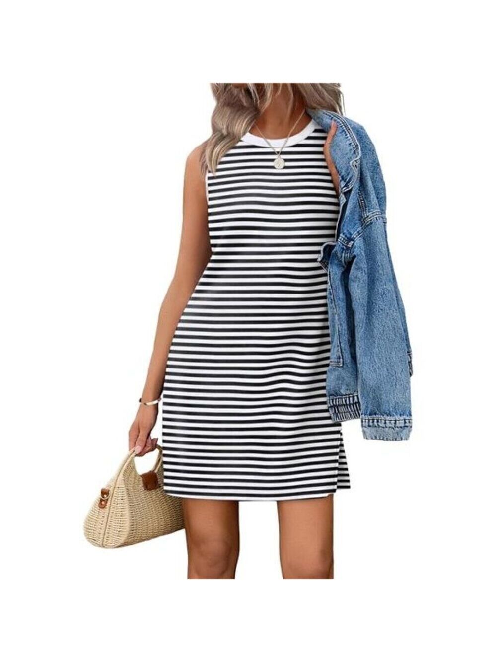 Black & White Striped Tank Dress – Sleeveless Crewneck Casual Summer Dress